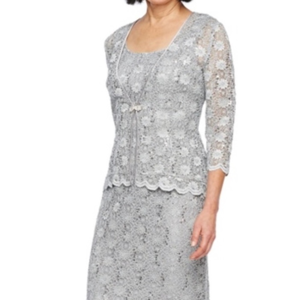 R & M Collection Elegant Silver Gray Lace Two-Piece Dress Set – Special Occasion
